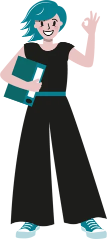 Illustration: Payroll-Expertin mit Ordner zeigt das OK-Zeichen
