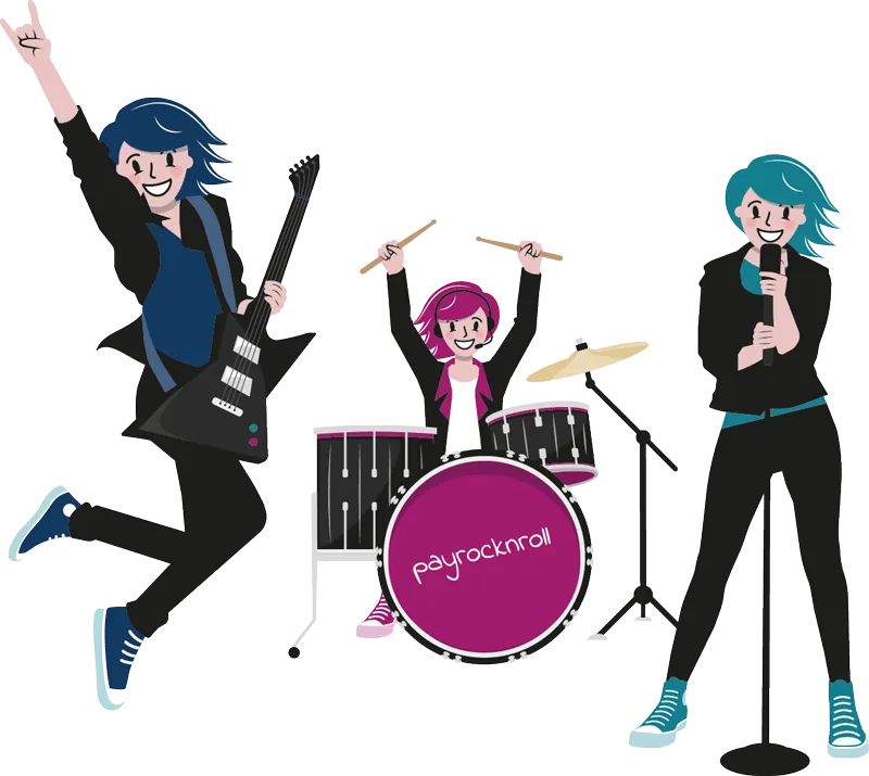 Illustration: die PayRocknRoll-Band mit Gitarre, Schlagzeug und Mikrofon
