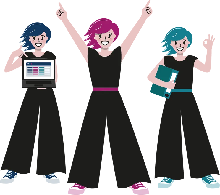 Illustration: drei PayRocknRollerinnen mit Laptop, Ordner und erhobenen Armen